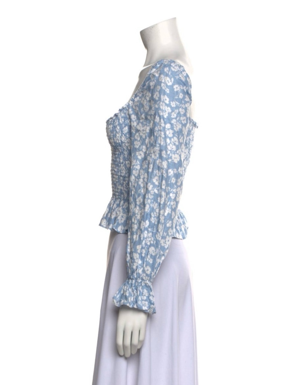 Reformation Blue Floral Linen Smocked Crop Top XS Cottagecore Coastal Chic - Picture 4 of 8